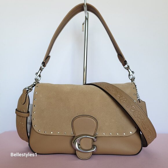 COACH Tabby Soft Suede & Leather Shoulder Bag With Rivets And Tooling- Peanut⭐ - Picture 3 of 16